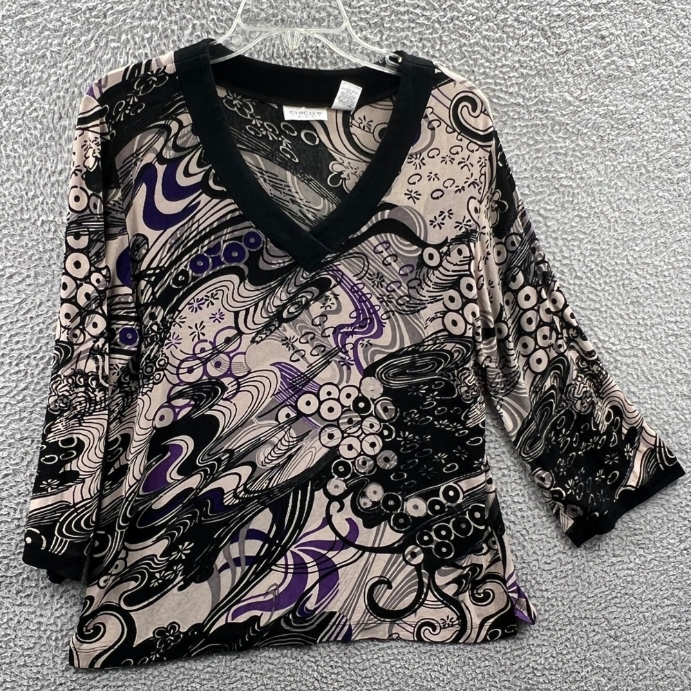 Chicos Travelers Womens Artsy Tunic L Abstract Swirl Art To Wear Slinky Stretch